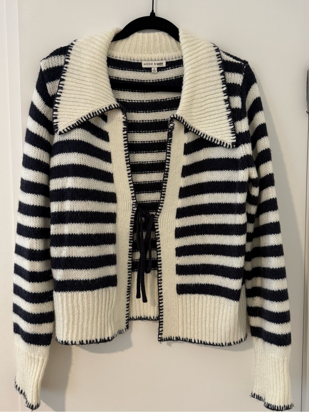 Moon River Black and White Striped Knit Cardigan with Tie Front